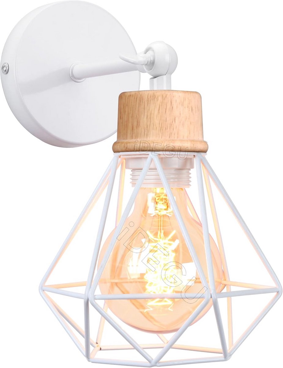 Industriële Wandlamp met Kooi en Hout - Verstelbare Vintage Plafondlamp voor Woonkamer en Slaapkamer