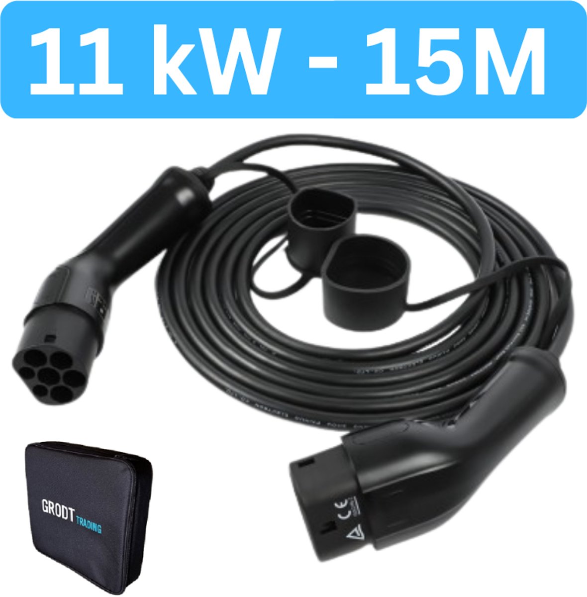 Laadkabel Type 2 16A 3 Fase | 11 kW | 15 Meter | Inclusief laadkabel tas | IP65 | 2 Jaar garantie | Mennekes aansluiting | Laadkabel auto | Zwarte 15 meter kabel TPU | CE, ISO & RoHs gecertificeerd