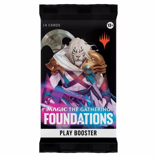 Magic: The Gathering Foundations Play Booster Pack. Een witte tijger in harnas kijkt naar voren, met een strijdbijl boven zijn schouder. 14 kaarten.