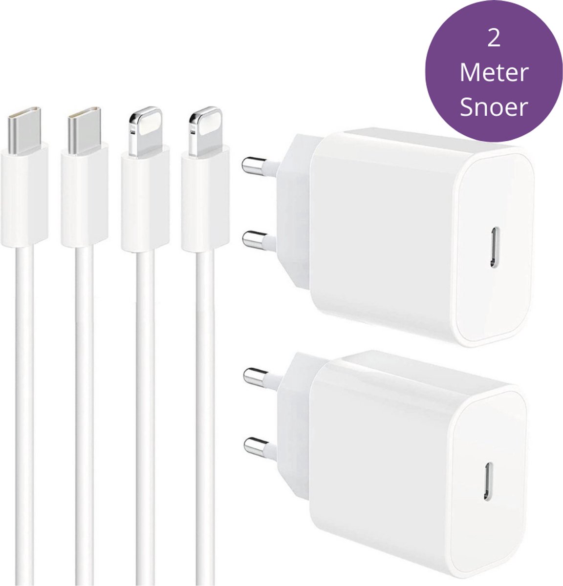 Viewr 2x 25W Snellader - Oplader - 2 Meter Oplaadstekker - Geschikt voor Lightning 14/13/12/11/Xr/Xs/Xs Max/8/8 Plus/ Pro - 2 Stuks