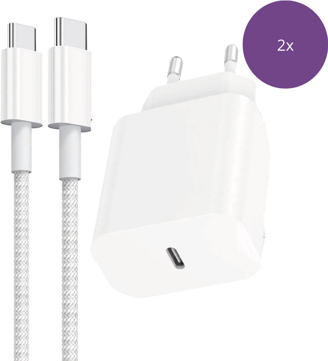 Viewr 2x 25W PPS Fast Charger + Nylon USBC Naar USB C Kabel - 1 Meter - Super Fast Charging 2.0 - In 30 Min, 60% Opgeladen - Snellader - 2 Stuks