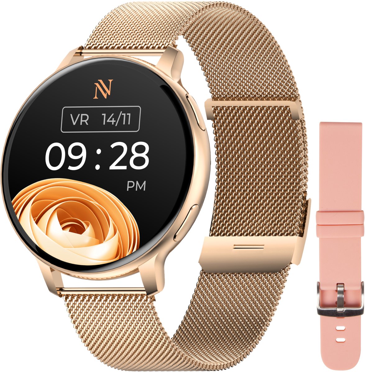 Nuvance Smartwatch Dames - Incl. RVS & Siliconen Bandje - Meet Sport & Slaap & Lichaam - Rosé Goud