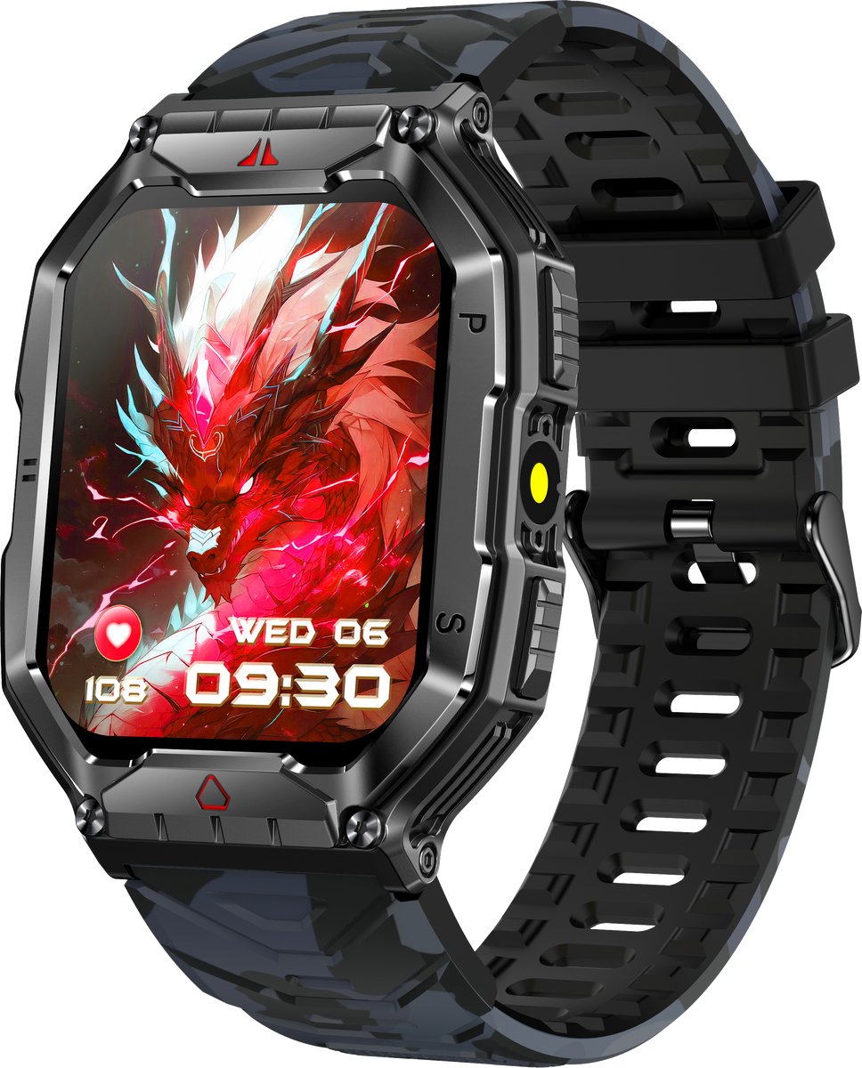 Knobbout 2.1” (3.4*4.2cm) Groot Outdoor Smartwatch – Barometer, LED-Zaklamp- Bluetooth Bellen- Kompas & Hoogtemeter- AI spraakassistent -Hartslag & SpO₂ - 650mAh Batterij - 1ATM Waterdicht - Zwarte camouflage siliconen horlogeband