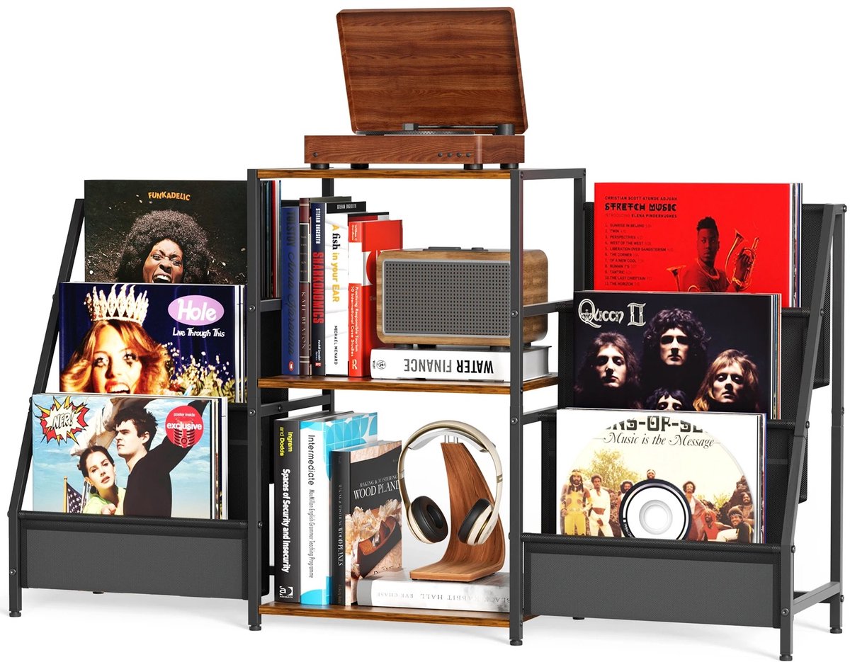 Sensova - Multifunctionele Vinylplaten Kast met 3 Lagen - Stijlvol Houten Opbergsysteem voor lp’s, Platenspeler en Accessoires, Inclusief Displayhouder en Stevig Stalen Onderstel voor Woonkamer of Slaapkamer