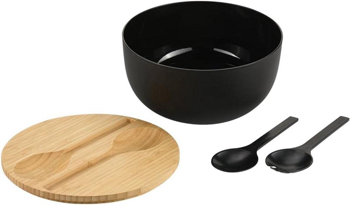 Grote Saladekom Set met Deksel en Slabcocery - Kunststof en Bamboe