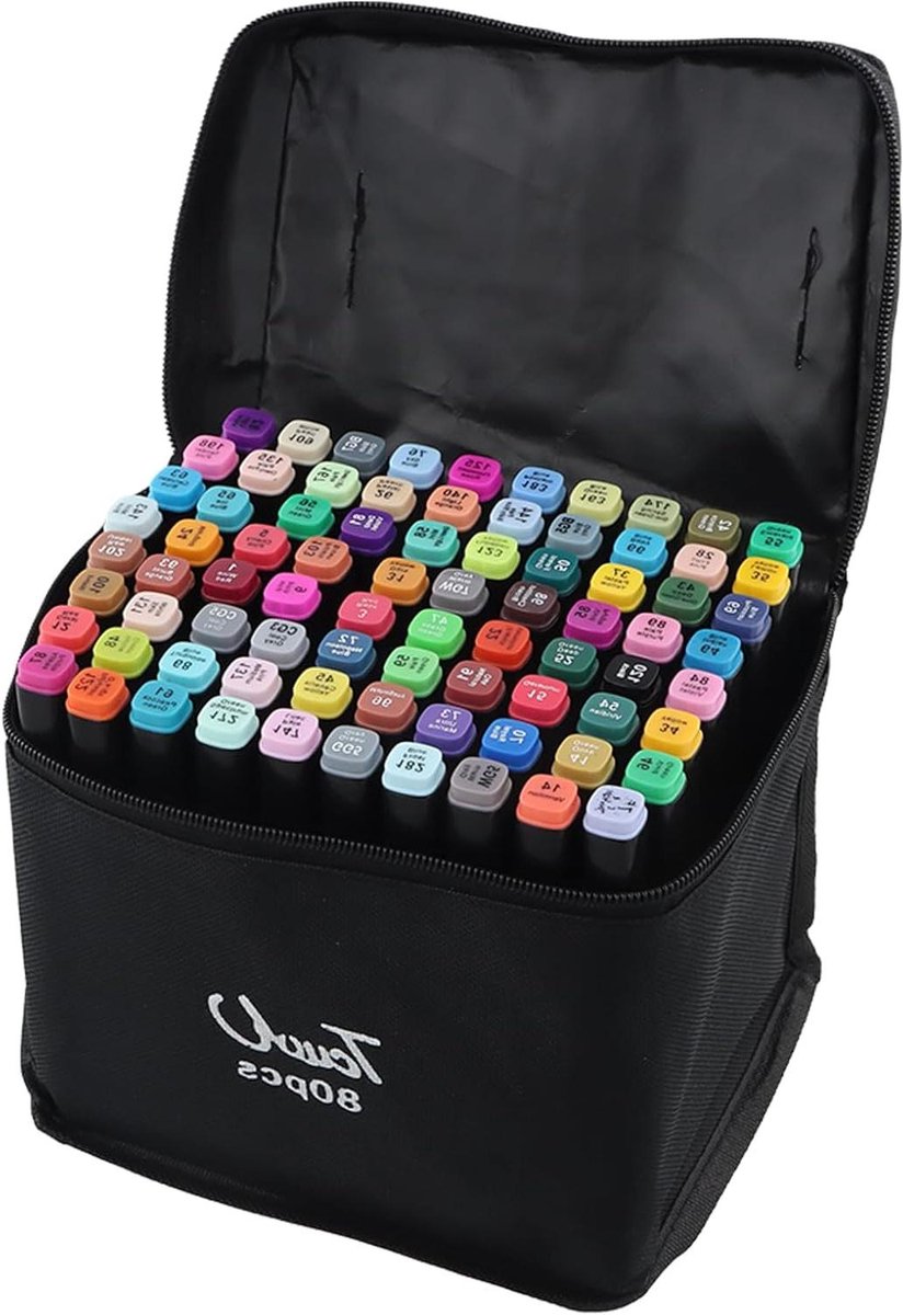 80-delige Markeerset: Grafische en Schets Alcohol Markers, Brede en Fijne Punt, Zwart Tas en Opbergbasis