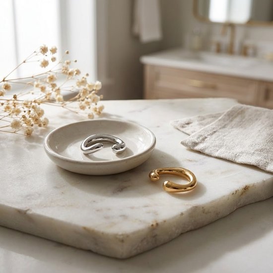 Zilverkleurige en goudkleurige ear cuffs in een kommetje en ernaast, op een marmeren oppervlak.
