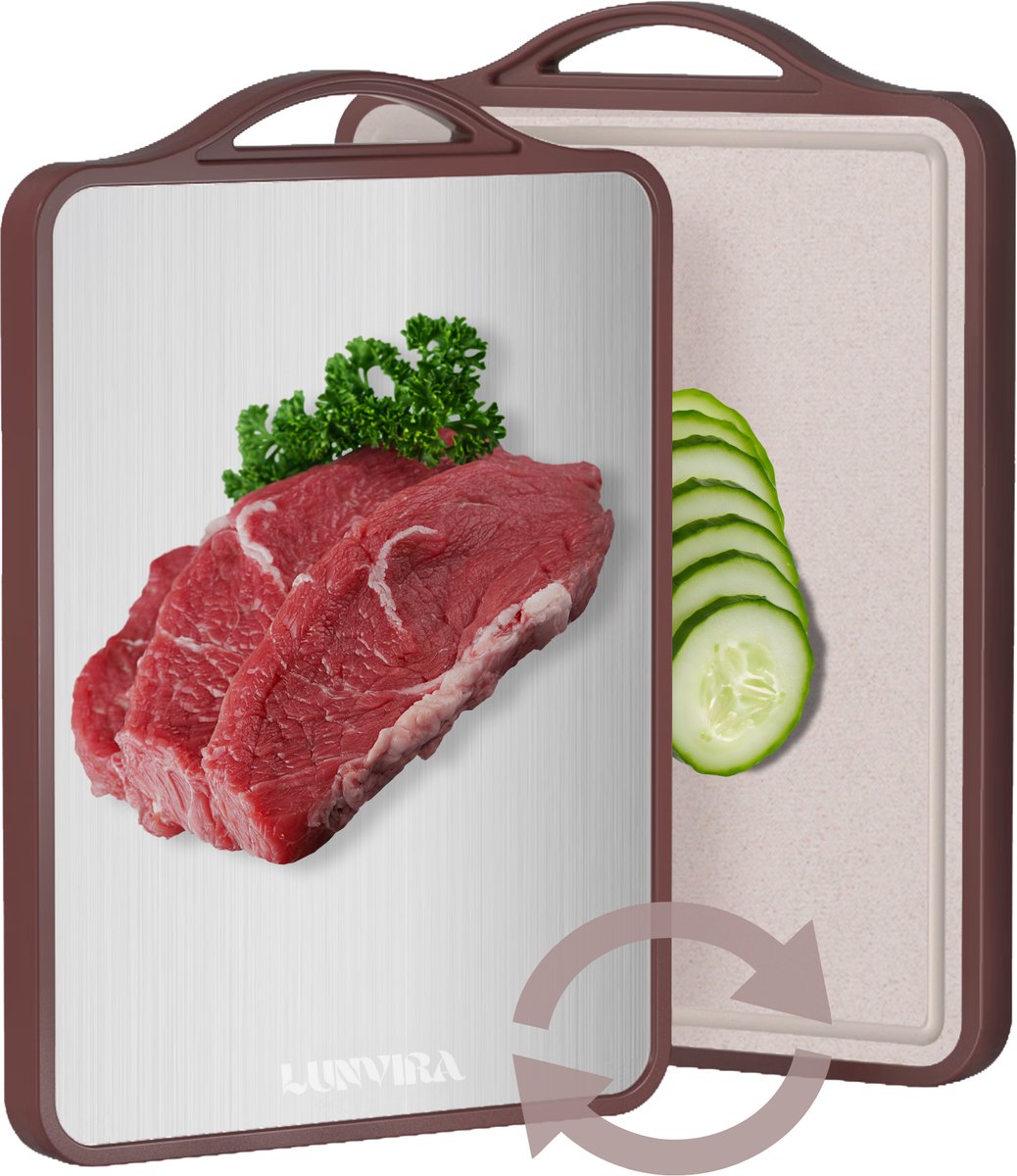 Lunvira Luxe Titanium Snijplank RVS - Dubbelzijdig met Sapgeul - PFAS-Vrij Snijblok - Cutting board - Hygiënische Keukenplank 40,5 × 28 cm