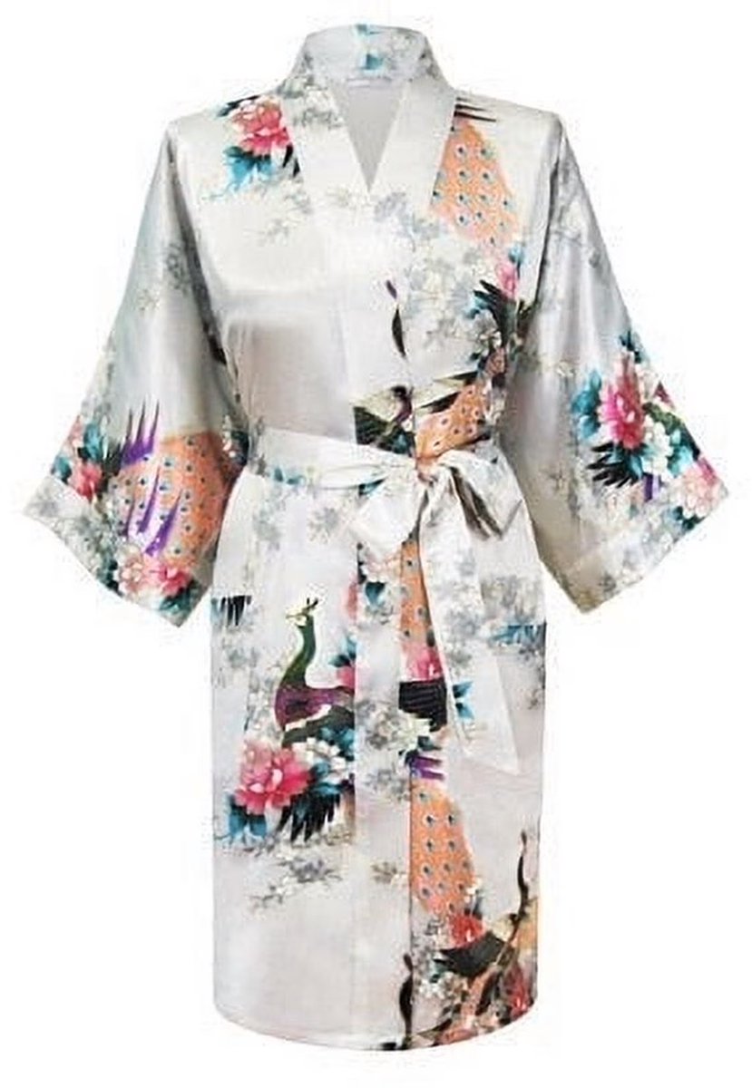 KIMU® Kimono Wit Kort - Maat S-M - Yukata Satijn Boven de Knie - Korte Witte Ochtendjas Japanse Kamerjas Sexy Satijnen Badjas Geisha Pauwenprint Vest Festival