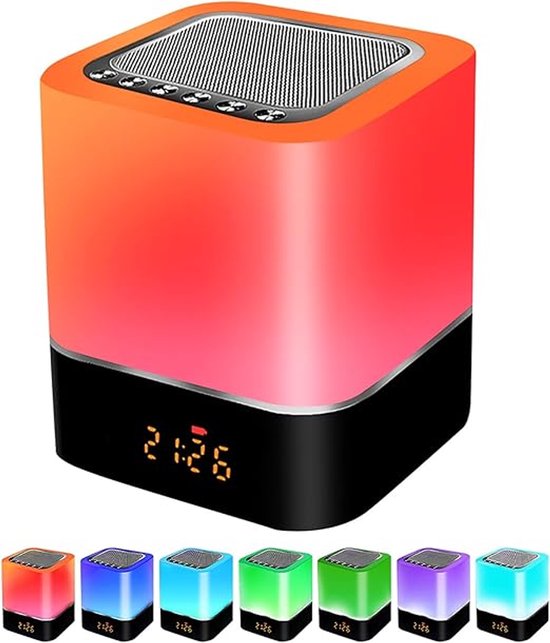 Een lamp met wekker en Bluetooth speaker in de kleuren rood, oranje en geel, met zeven kleine gekleurde lampjes eronder.