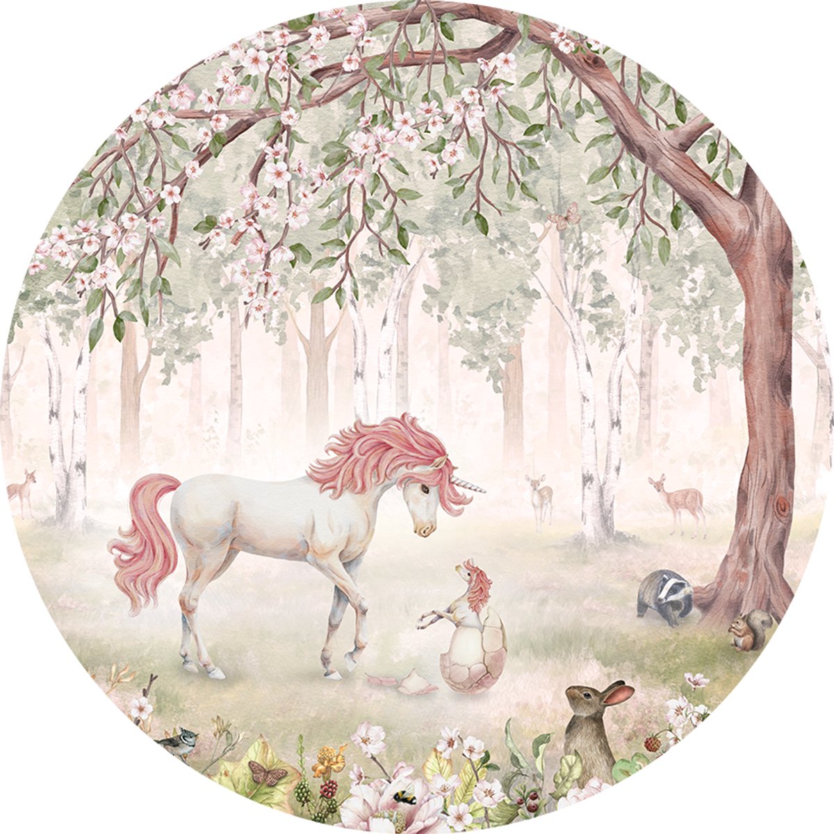 Muursticker - Wanddecoratie - kinderkamer - babykamer - meisjes - ø 80 cm - Unicorn Forest Green - Eenhoorns - Behangcirkel