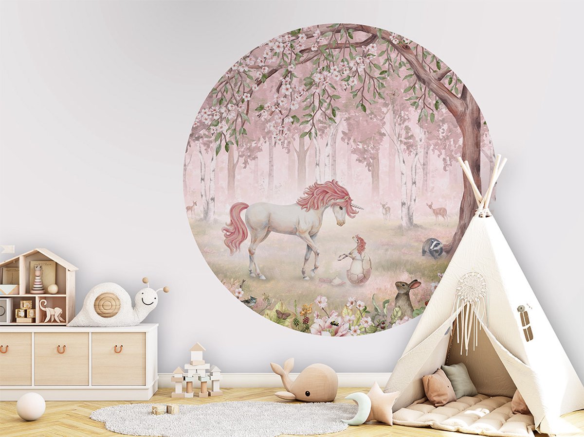 Muursticker - Wanddecoratie - kinderkamer - babykamer - meisjes - ø 100 cm - Unicorn Pink - Eenhoorns - behangcirkel