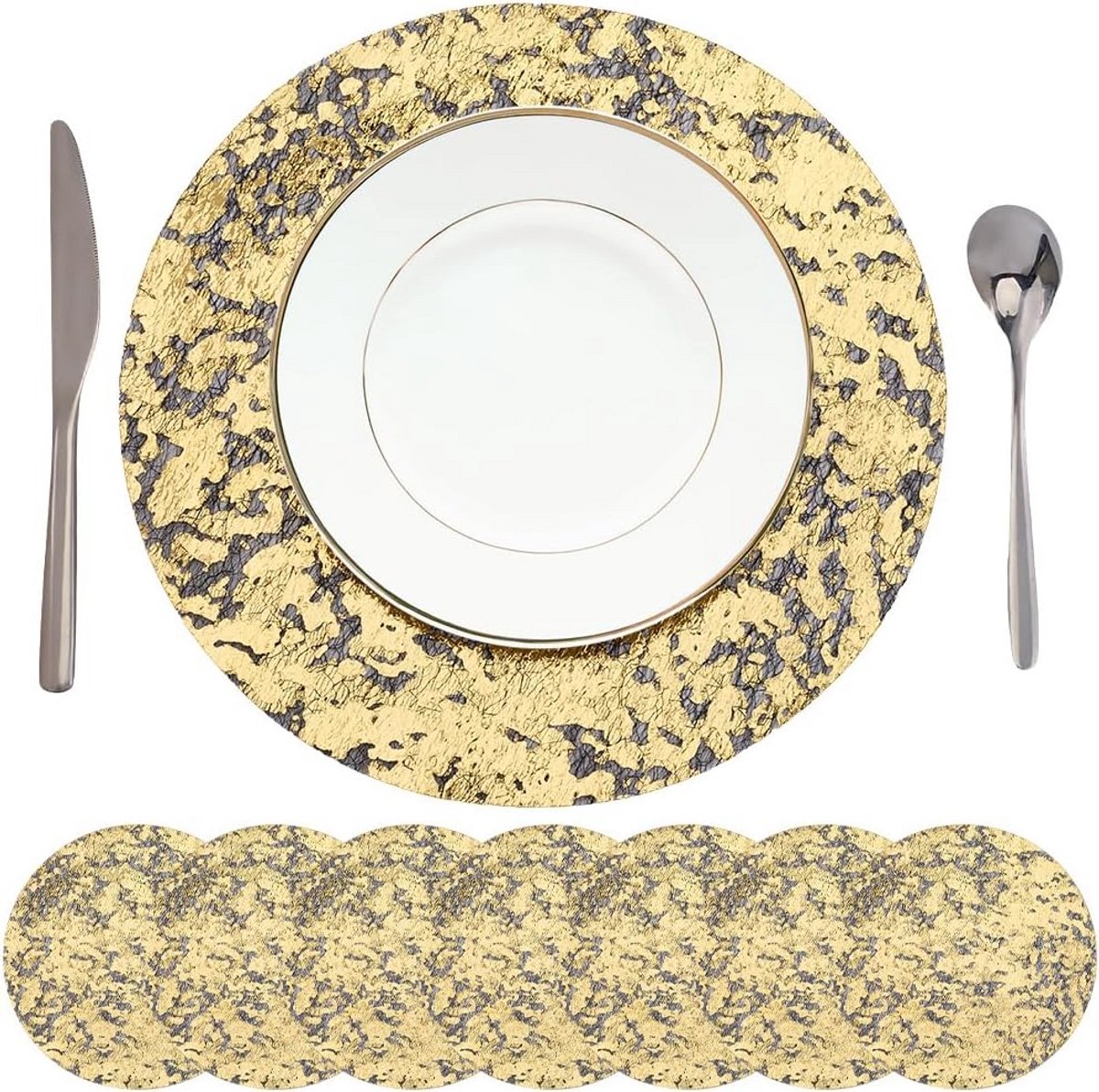16 Stuks Ronde Zwart-Gouden Folie Placemats 33 cm Glitter Tafelmatten Luxe Decoratie