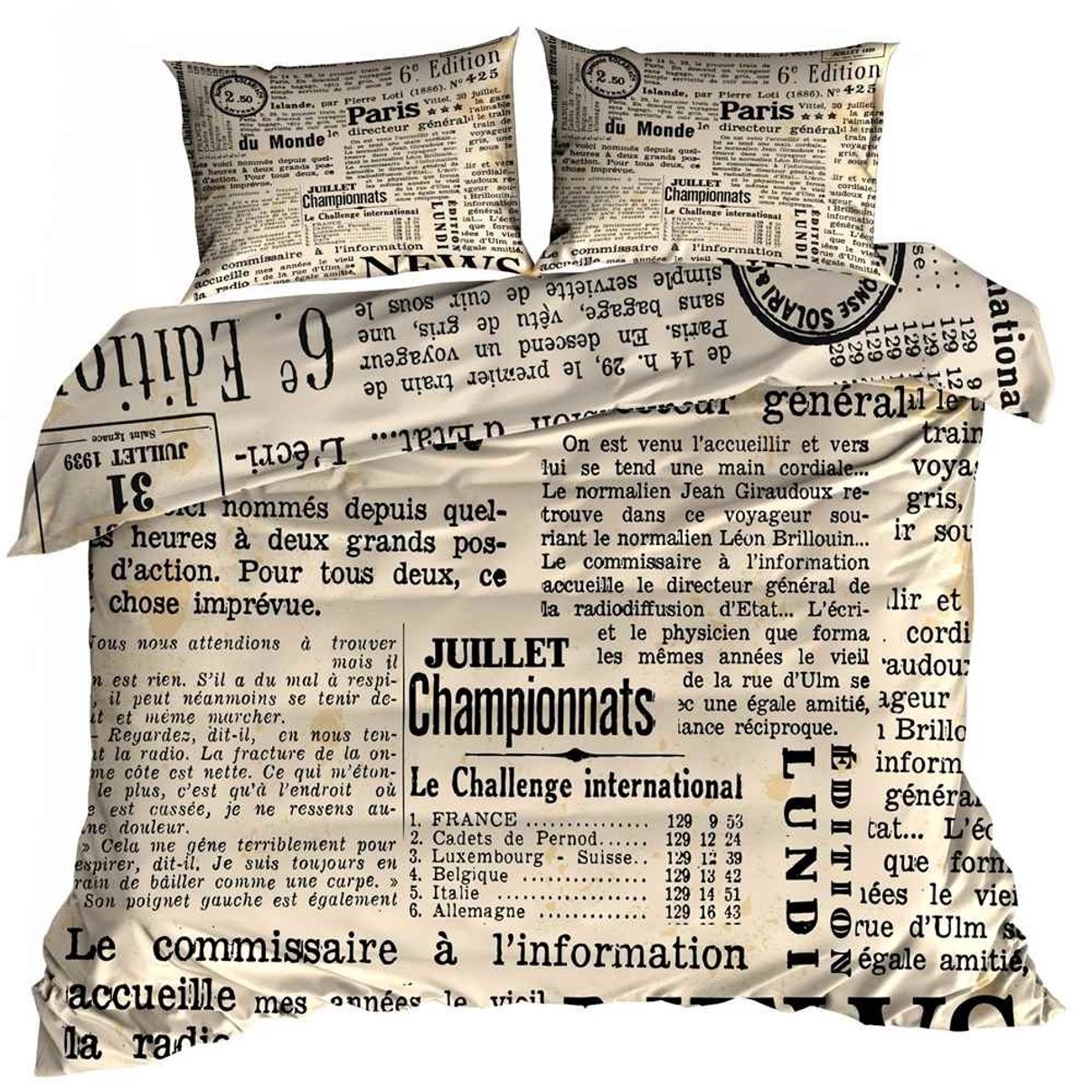 Luxe 3D Dekbedovertrekset - Katoen Satijn - 160x200 cm - Inclusief 2 Kussenslopen 70x80 cm - Design: Dagblad Krant - Vintage News - Zwart/Wit