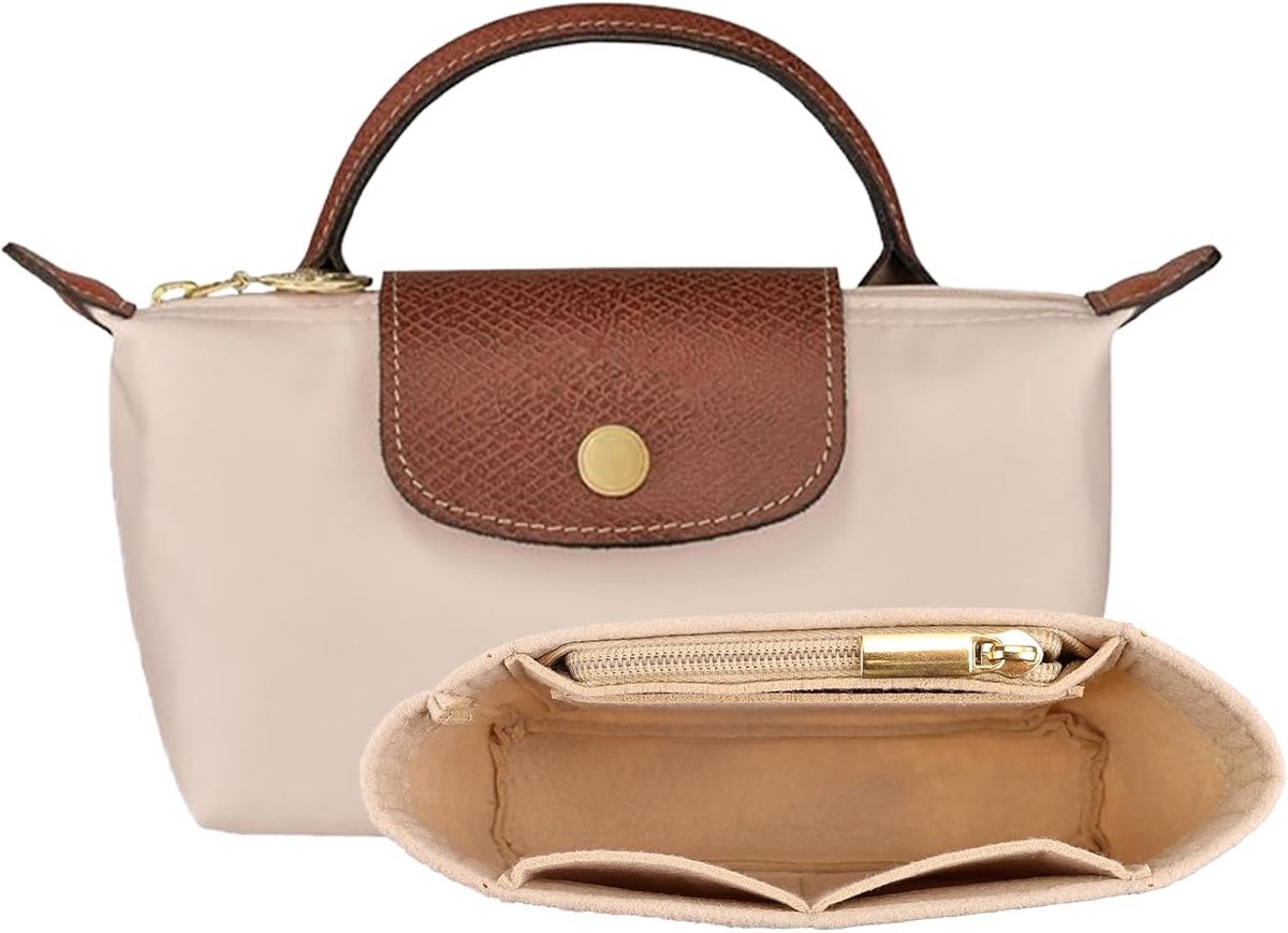 Famanu – Portemonnee Organizer, Opvouwbare Tote Bag insert, Multi-Pocket Vilt Handtas, voor Kleine Tote Bag Organizer voor Lange Kampioen (Beige Mini)