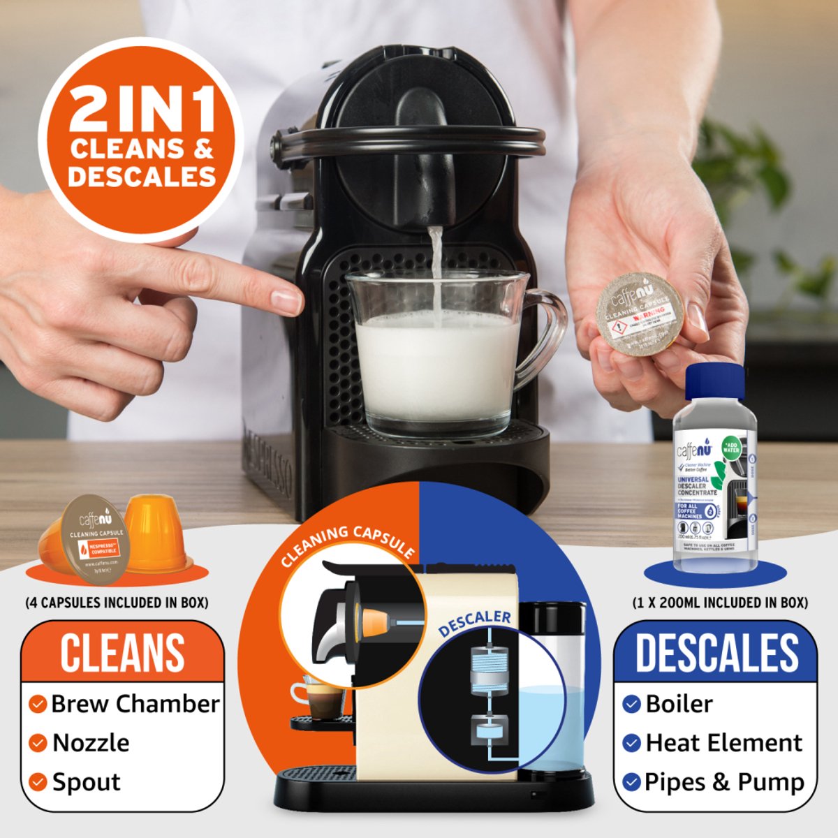 Caffenu Onderhoudsset Koffiemachine Reiniger & Ontkalker voor Nespresso Original - 2x Ontkalker + 4 Reinigingscups - Ontkalkingsset - Zorgt voor Warmere Koffie, Betere Smaak en Langere Levensduur Koffiezetapparaat thumbnail 6