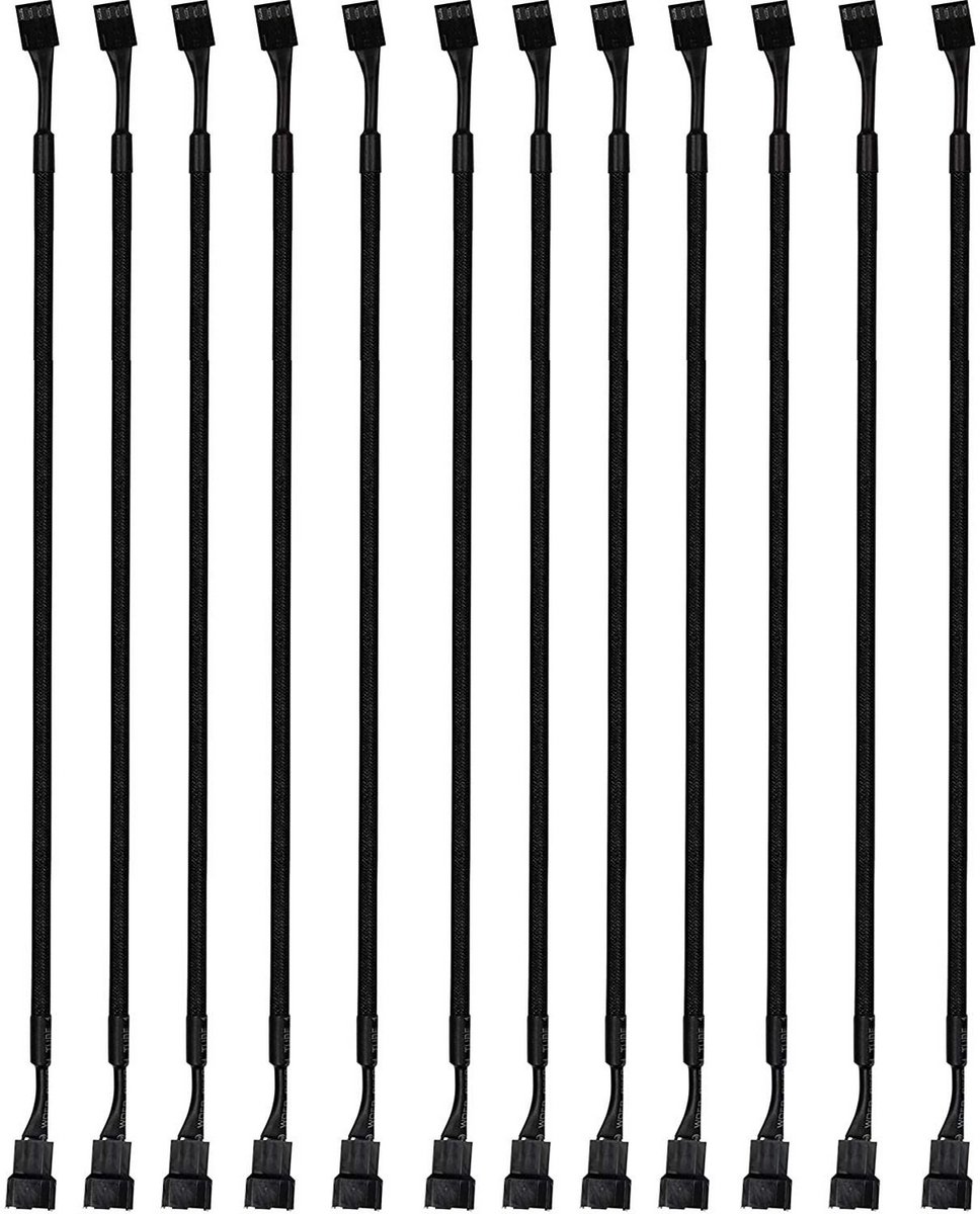 12x PWM 4-Pin Ventilator Verlengkabels - Gevlochten Zwart voor PC & CPU Koeling