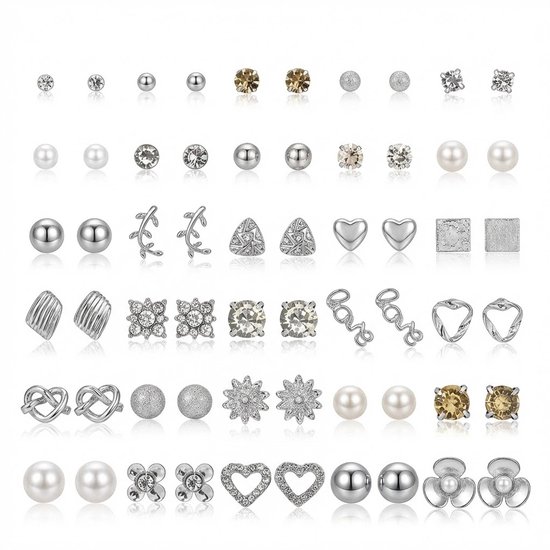 30 Paar Zilverkleurige Dames oorbellen Set – Oorstekers met Hartjes, Sterren, Parel-look, Zirkonia en Geometrische Designs