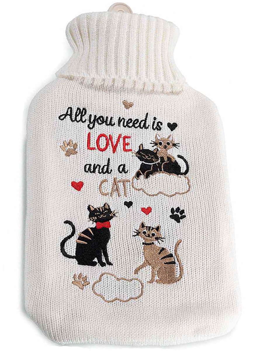 Rojafit - Warmwaterkruik - Natuurrubber kruik - Gebreide hoes - 1,8 Liter - All you need is love and a Cat