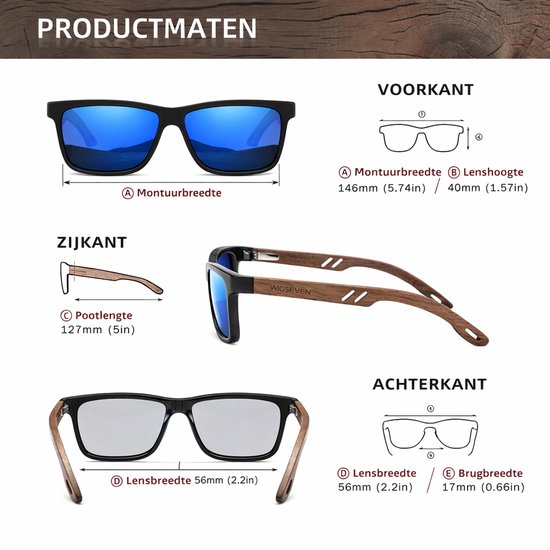 Maattabel van de bril: voorkant, zijkant en achterkant met afmetingen en materiaal (hout).