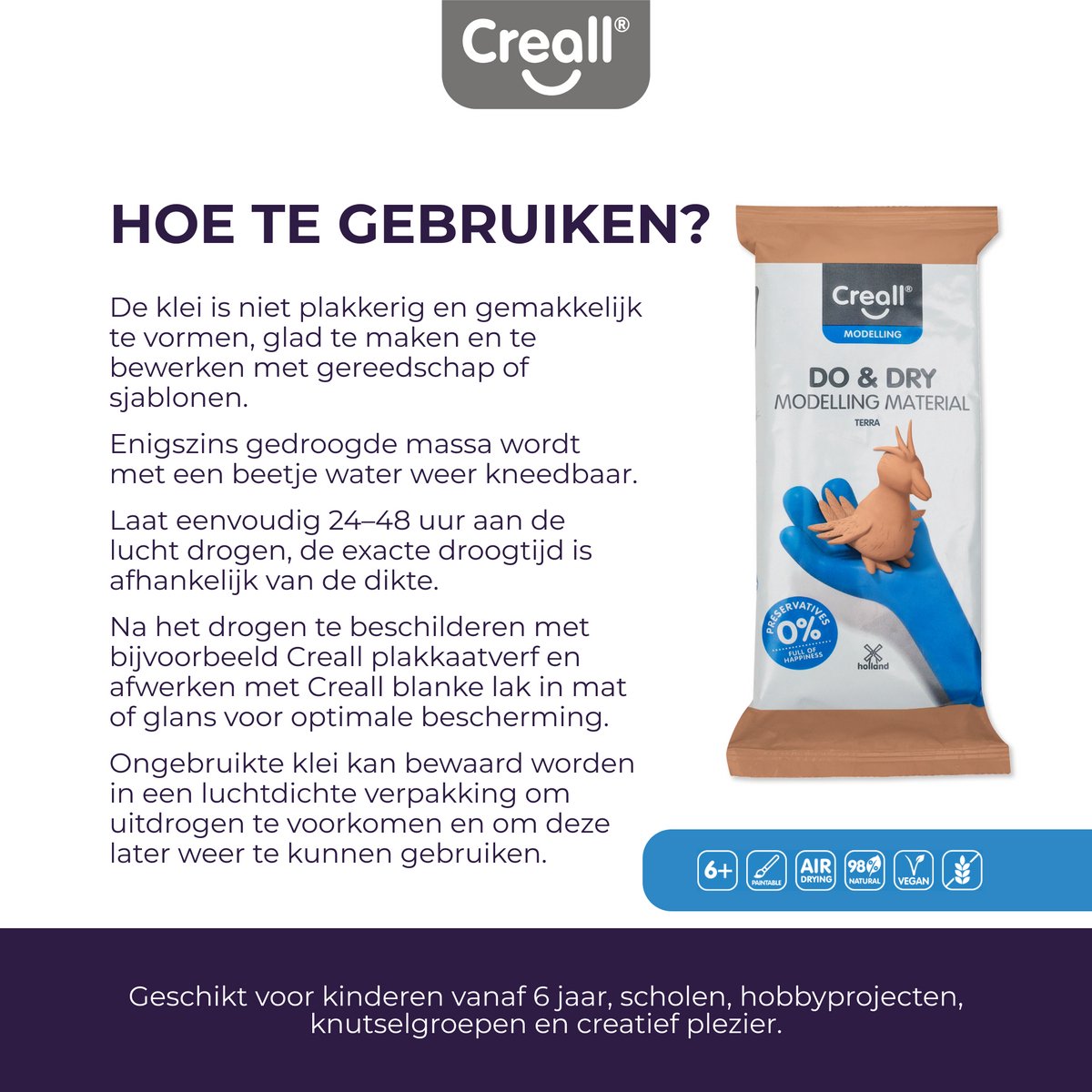 Creall Do & Dry | Luchtdrogende klei kleur Terra | 1 x 500g | Made in Holland | Zacht en klaar voor gebruik | Made in Holland | Knutselwerk kinderen, school, hobby, DIY en creatieve projecten — afbeelding 3