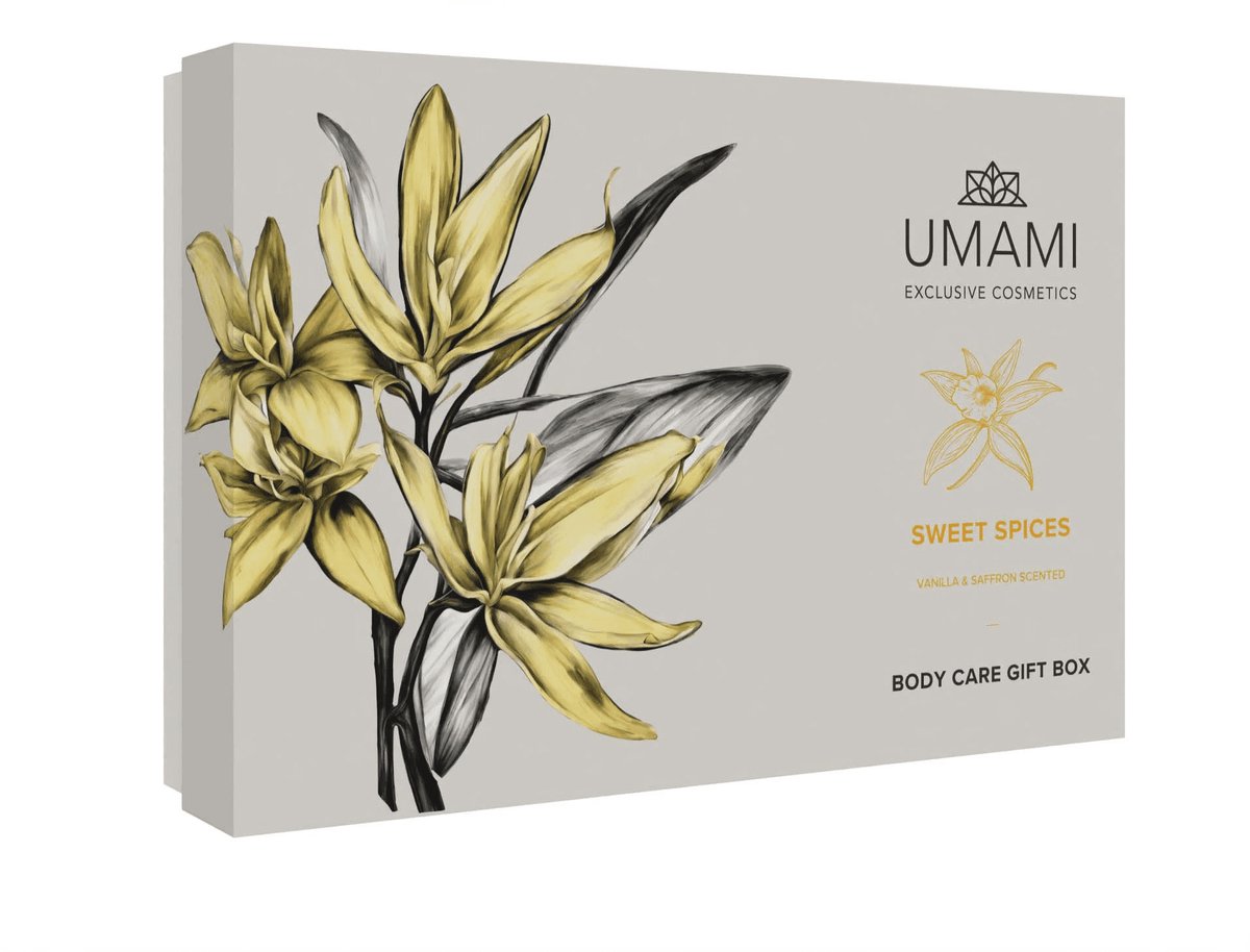 Umami Sweet Spices Geschenkset – Cadeau voor vrouwen- Luxe Bodycare Cadeauset met Bodycrème, Handcrème en Bodymist – Verfrissende Geur van Vanilla en Saffron – Verwenmoment voor Thuis of Cadeau - Kadoset vrouwen