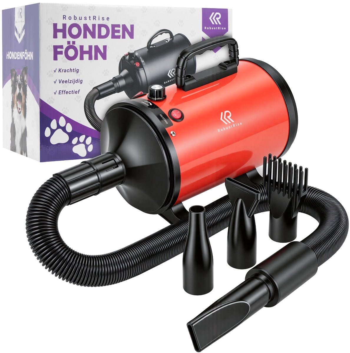 Bol.com RobustRise Ultra Hondenfohn - 3800W - Oranje - Verstelbaar Vermogen - Waterblazer voor Honden - Hondenfohn met 4 Opzetst... aanbieding