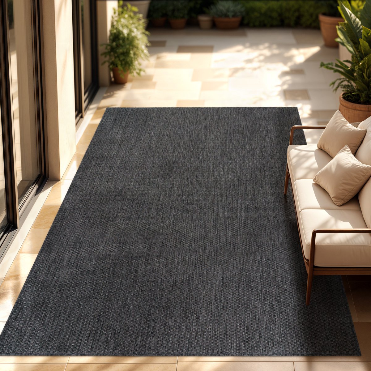 Paco Home In-& Outdoor Balkon Terras Keukenvloerkleed Eenkleurig Gemêleerd Patroon 150 cm Quadrat