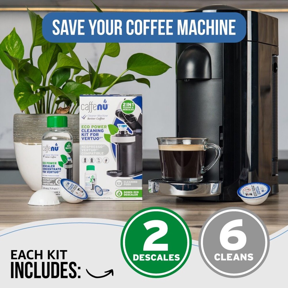 Caffenu Onderhoudsset Koffiemachine Reiniger & Ontkalker voor Nespresso Vertuo - Ontkalker 200 ml (2 Doseringen) + 6 Reinigingscups - Ontkalkingsset - Zorgt voor Warmere Koffie, Betere Smaak en Langere Levensduur Koffiezetapparaat thumbnail 5