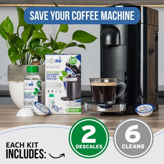Caffenu Onderhoudsset Koffiemachine Reiniger & Ontkalker voor Nespresso Vertuo - Ontkalker 200 ml (2 Doseringen) + 6 Reinigingscups - Ontkalkingsset - Zorgt voor Warmere Koffie, Betere Smaak en Langere Levensduur Koffiezetapparaat