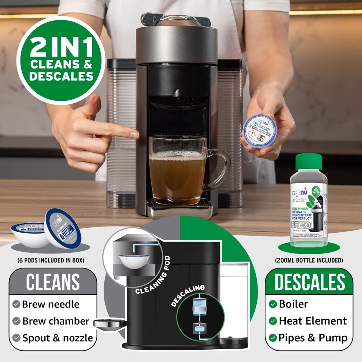 Caffenu Onderhoudsset Koffiemachine Reiniger & Ontkalker voor Nespresso Vertuo - Ontkalker 200 ml (2 Doseringen) + 6 Reinigingscups - Ontkalkingsset - Zorgt voor Warmere Koffie, Betere Smaak en Langere Levensduur Koffiezetapparaat thumbnail 6
