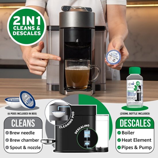 Caffenu Onderhoudsset Koffiemachine Reiniger & Ontkalker voor Nespresso Vertuo - Ontkalker 200 ml (2 Doseringen) + 6 Reinigingscups - Ontkalkingsset - Zorgt voor Warmere Koffie, Betere Smaak en Langere Levensduur Koffiezetapparaat