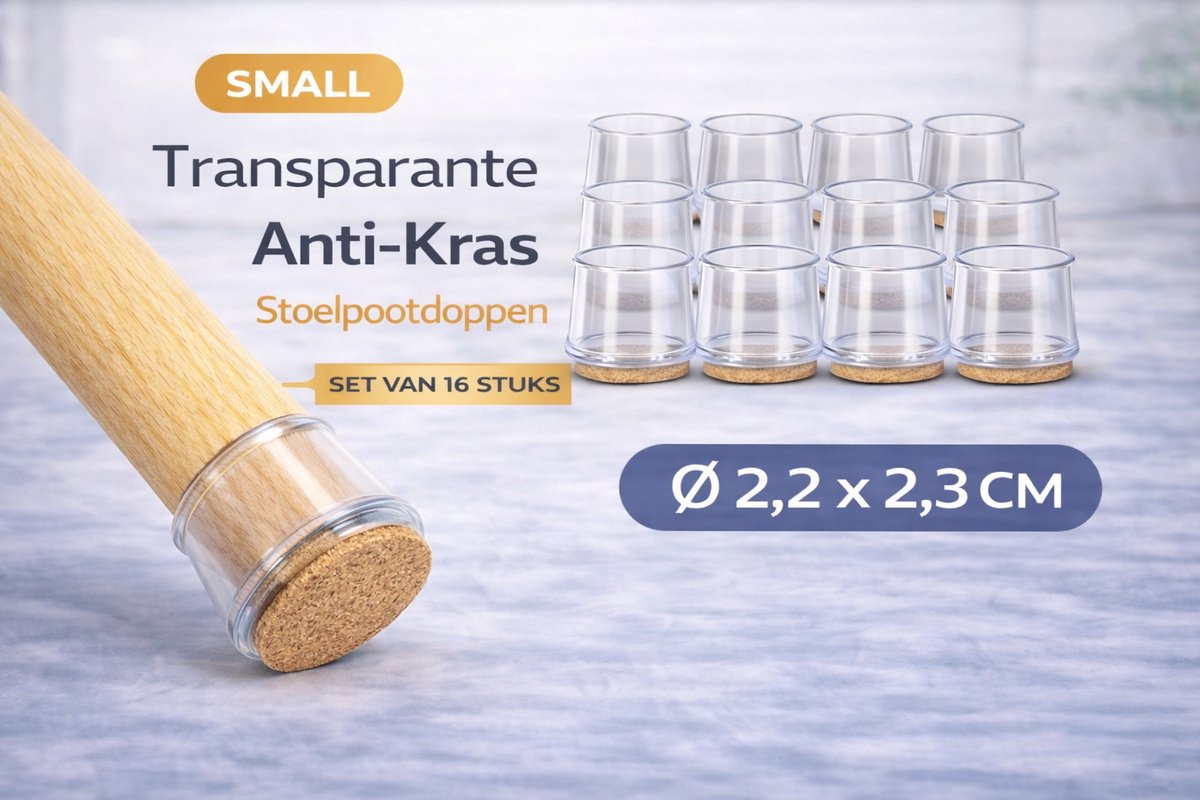 Anti Kras Stoelpoot Doppen Small – 16 Stuks – Ø 2,2 x 2,3 cm – Transparante Stoelpootbeschermers met Vilt – Geluidsdempend & Vloerbescherming voor Stoelen en Meubels – Transparant