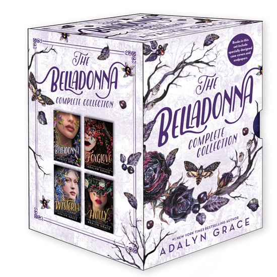 Box set 'The Belladonna Complete Collection' met donkere bloemen, takken en motten. Bevat vier boeken: Belladonna, Foxglove, Wisteria en Holly.