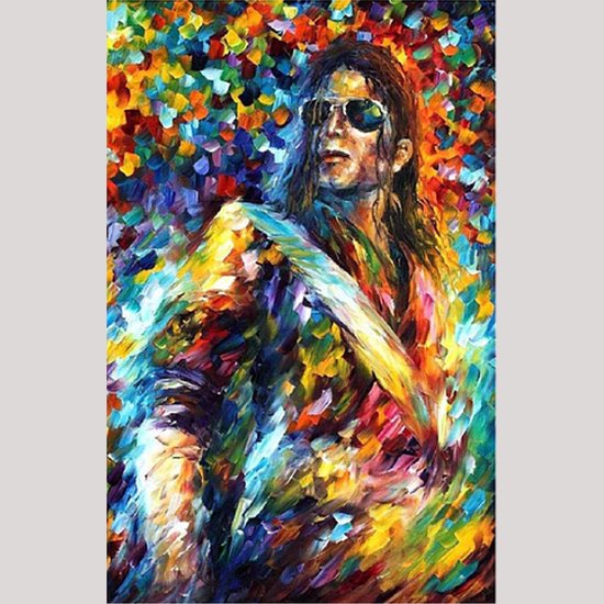 Abstract schilderij van Michael Jackson in levendige, explosieve kleuren met zonnebril en lang haar.