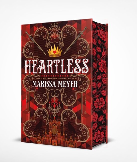 Boek 'Heartless' van Marissa Meyer, met een rode en zwarte kaft met kroon, zwaarden, sierlijke versieringen en bloemenpatroon.