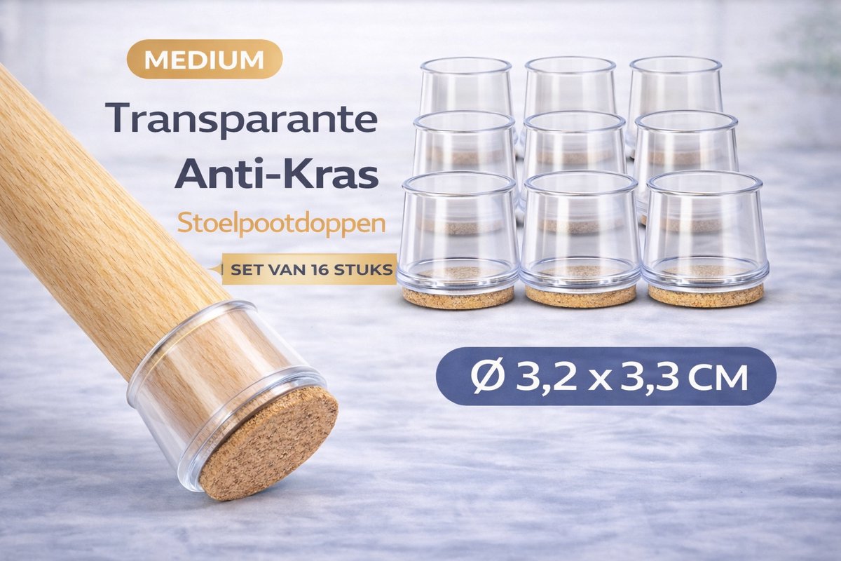 Anti Kras Stoelpoot Doppen Medium – 16 Stuks – Ø 3,2 x 3,3 cm – Transparante Stoelpootbeschermers met Vilt – Geluidsdempend & Vloerbescherming voor Stoelen en Meubels – Transparant
