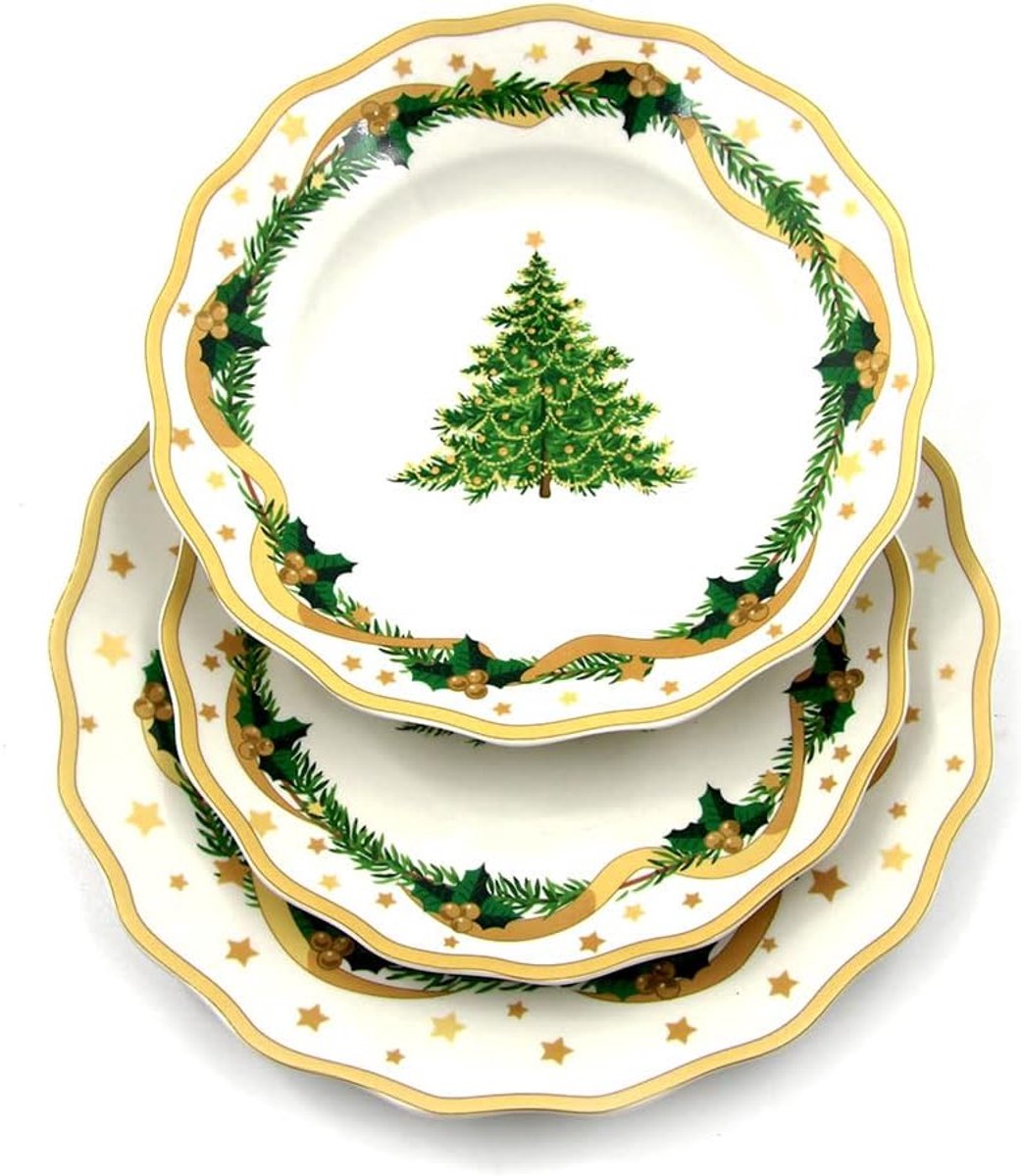 Kerstserviesset 18-delig - Dinerset Porselein - Feestelijke Tafel - Vaatwasser Magnetronbestendig - 6-Persoons - Goud