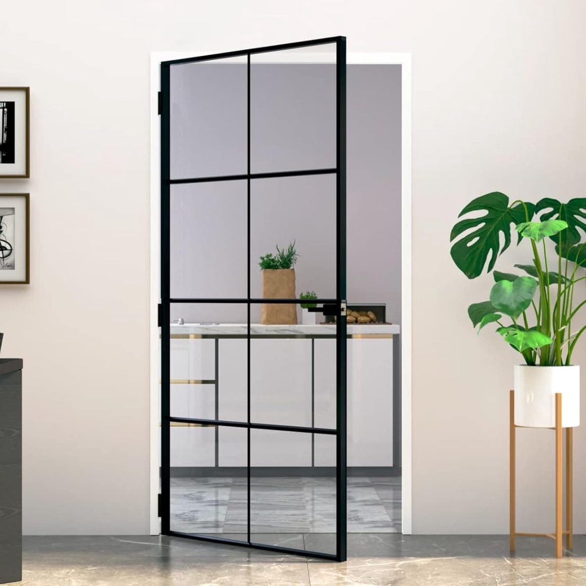 Binnendeur Glas - Moderne Deur - Ruimte Scheiden - Slank Aluminium Frame - 102 x 201.5 cm - Zwart Transparant