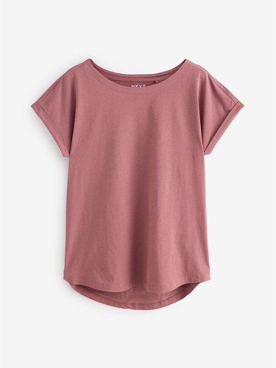 Oudroze T-shirt met korte opgerolde mouwen en ronde hals.