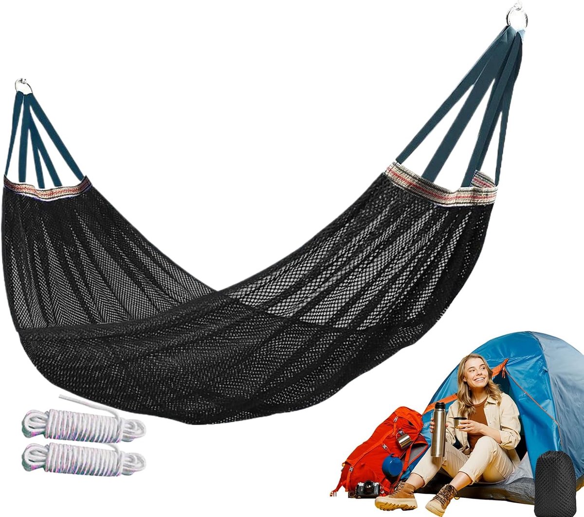 Kampeerhangmat - Draagbare buitenuitrusting - Ontspanning en recreatie - Geventileerd mesh materiaal - 260x130 cm - Zwart
