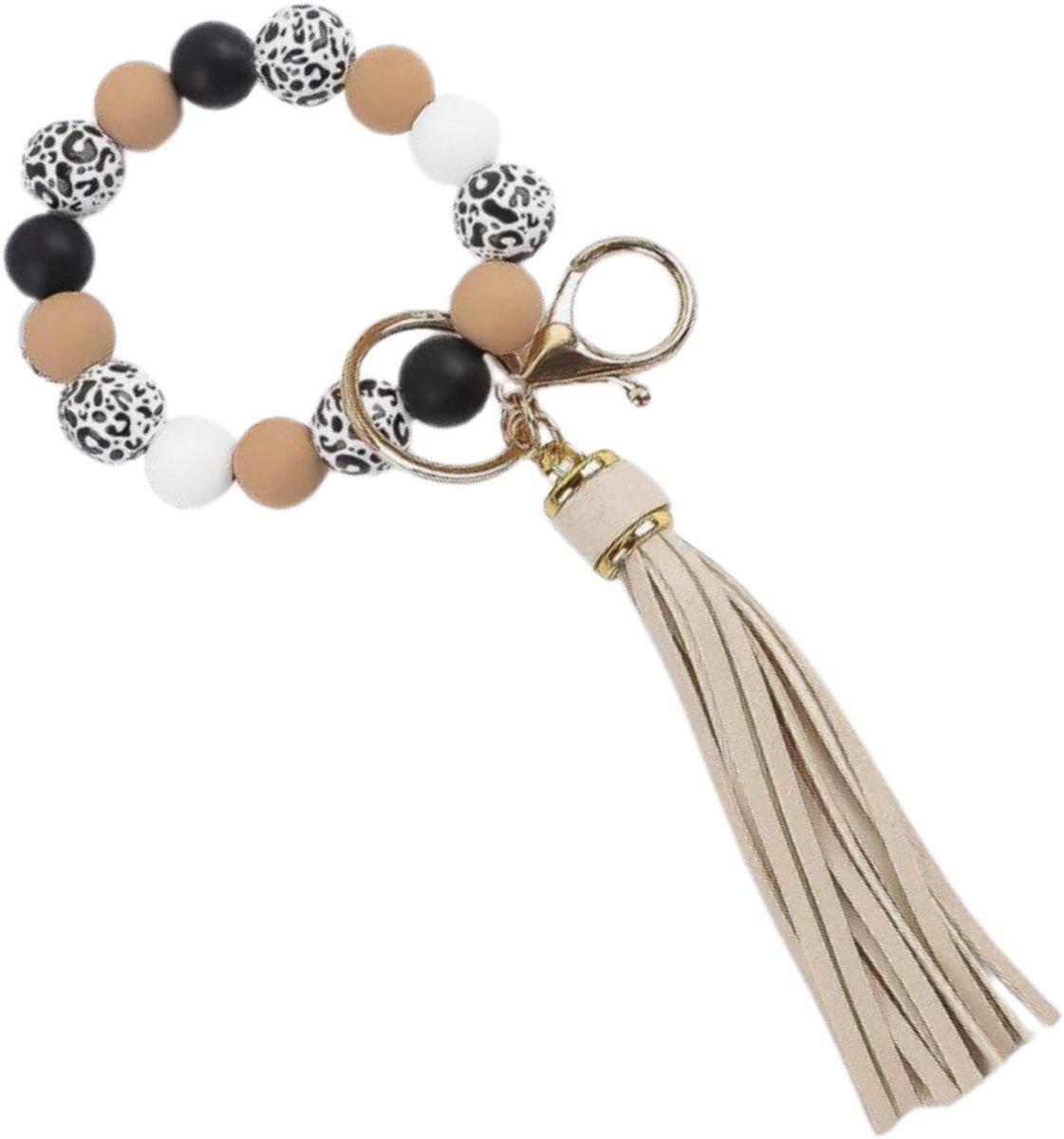 Sleutelhanger Dames - Kwastje & Kralen – Beige Zwart Wit Panterprint – Sleutelhouder – Cadeau voor Verjaardag & Moederdag