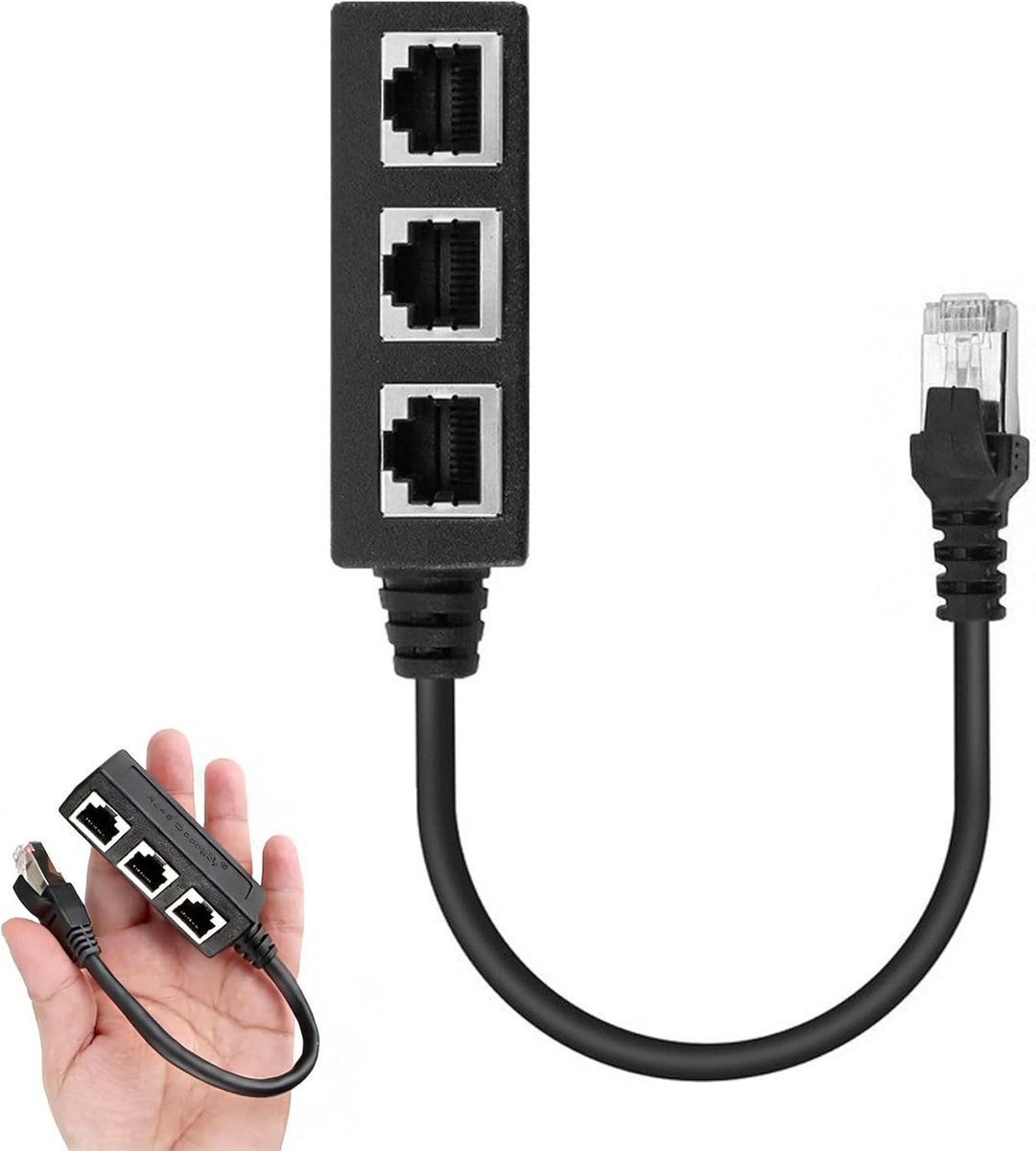 Ethernet Splitter Kabel - Netwerk Verdeler - Poorten Uitbreiden - 3 Aansluitingen - 12.5 x 12.5 cm - Zwart