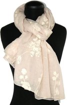 Dames sjaal in licht kaki met geborduurde bloemen creme - katoen polyester - 70 x 175 cm