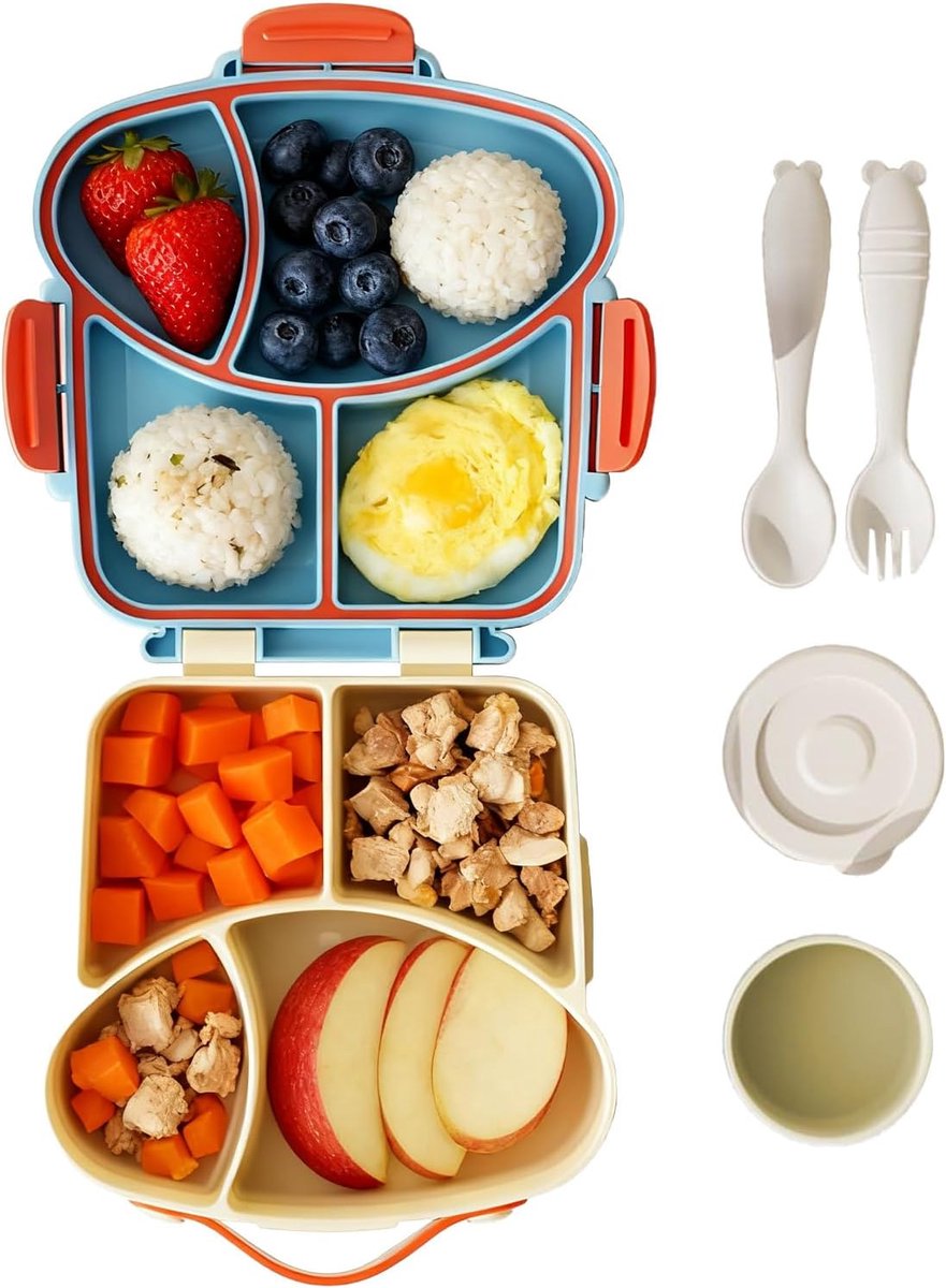 Kinder Lunchbox - Voedsel Organizer - Maaltijd Onderweg - Lekvrij Met Bestek - 22.5x21.3x6.3cm