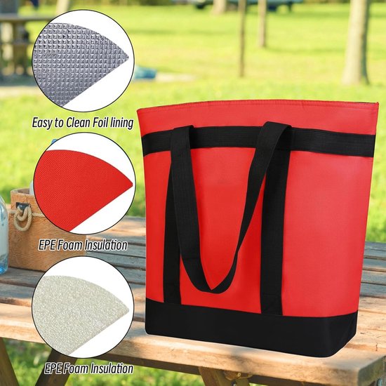 Isolatietas 39 liter - Koeltas Boodschappentas - Boodschappen Picknick Camping - Opvouwbaar Waterdicht Lekvrij - Flexibele Handgrepen - Rood — afbeelding 4