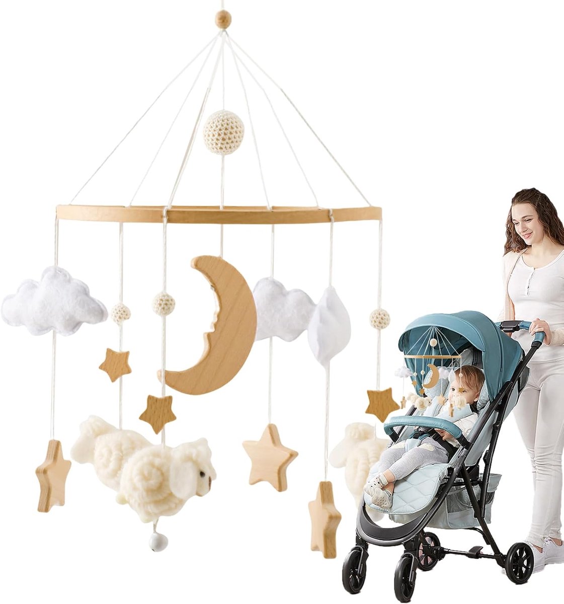 Baby Bed Mobiel - Muziek Mobiel - Babykamer Decoratie - Draagbaar Ontwerp - 43 x 225 cm - Beige