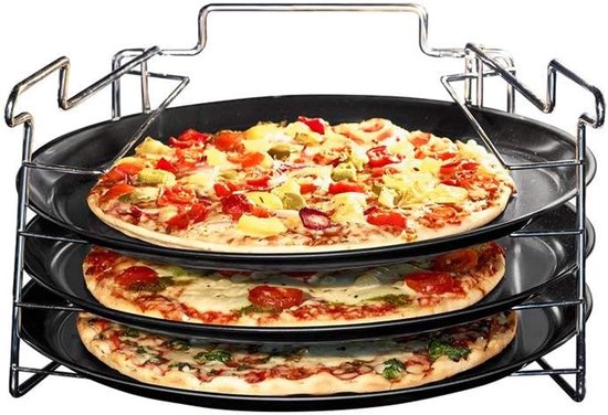 Pizza Bakset - Oven Schaal - Crispy Pizza Bakken - Inclusief Standaard - 3 Platen 32cm - Zwart Zilver — afbeelding 5