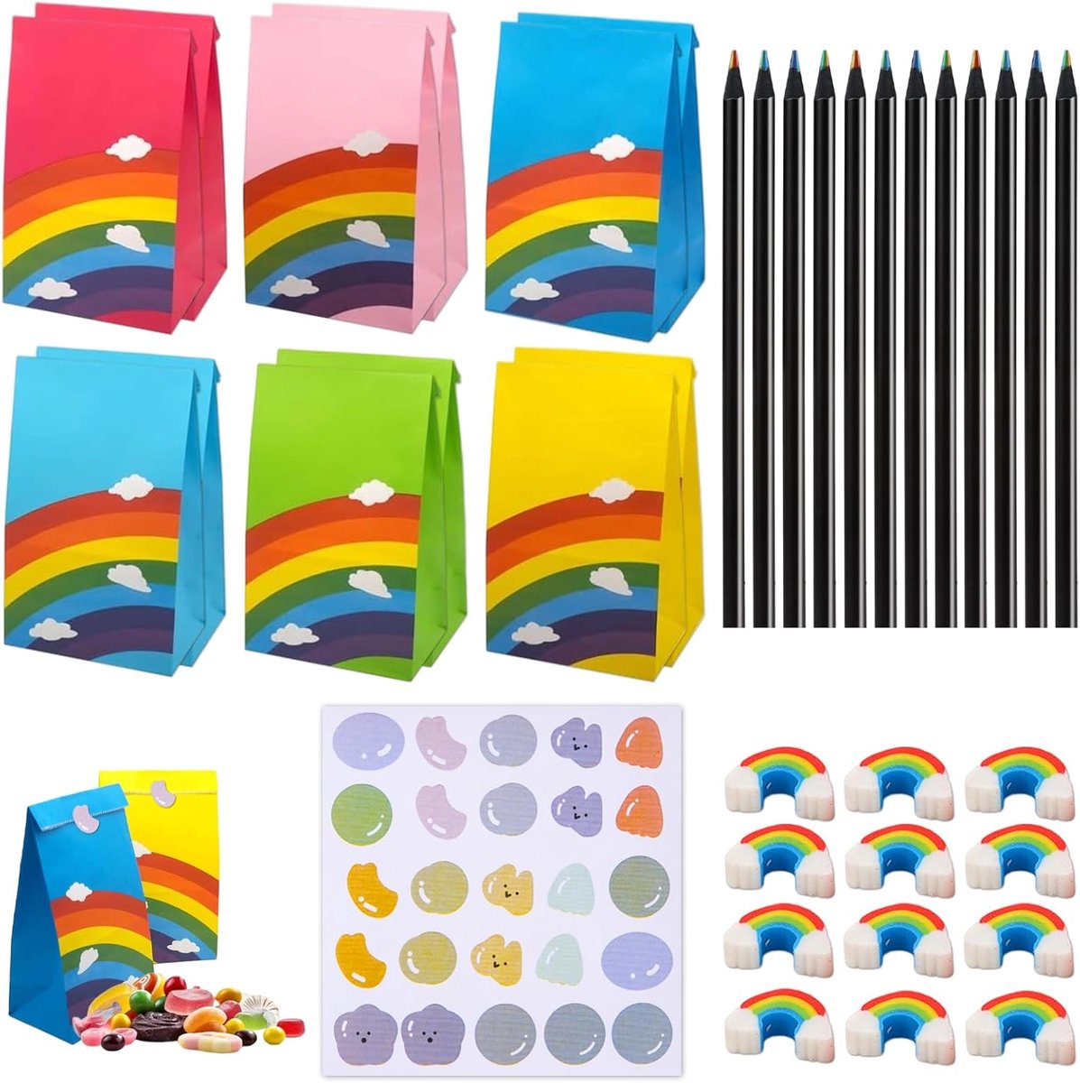 Potloden set voor kinderen met regenboogthema - 12 kleurpotloden, papieren regenboogzakken, gummetjes en stickers - knutselcadeau voor feestjes, verjaardagen en schoolfeesten - set van 12 stuks.