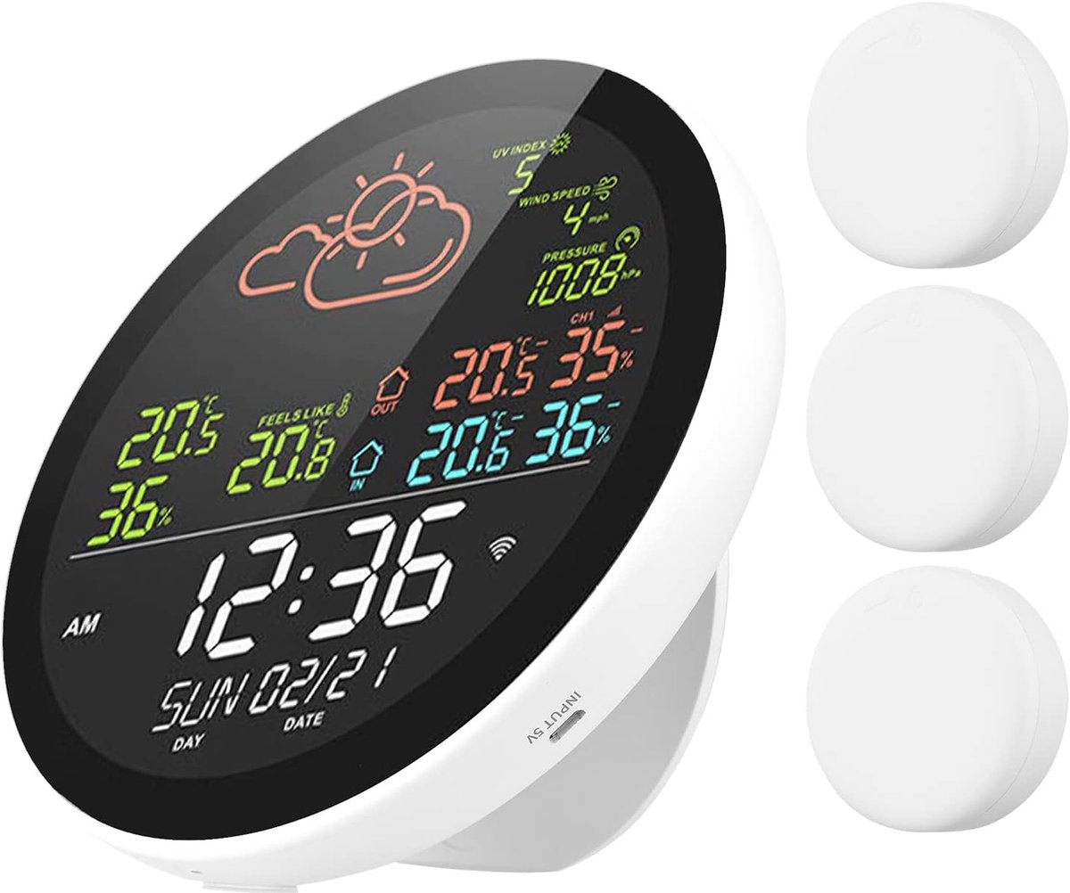 Smart Weerstation - Klok met Sensor - Binnen Buiten Meten - Wifi Connectiviteit - 3 Sensoren - Groot Kleurenscherm